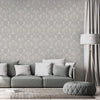 Damask Flocked Velvet Feel Wallpaper, White, Light Gray  Deep 3D Embossed Quilted Texture Luxury Wallcovering, Non-Woven - Walloro Luxury Embossed Textured Wallpaper