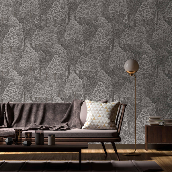 Dark Grey Floral Wallpaper, Natural Wallpaper, Modern & Minimalist Wall Covering,Modern Look Neutral Colors Glittering Wallcovering