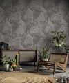 Dark Grey Floral Wallpaper, Natural Wallpaper, Modern & Minimalist Wall Covering,Modern Look Neutral Colors Glittering Wallcovering
