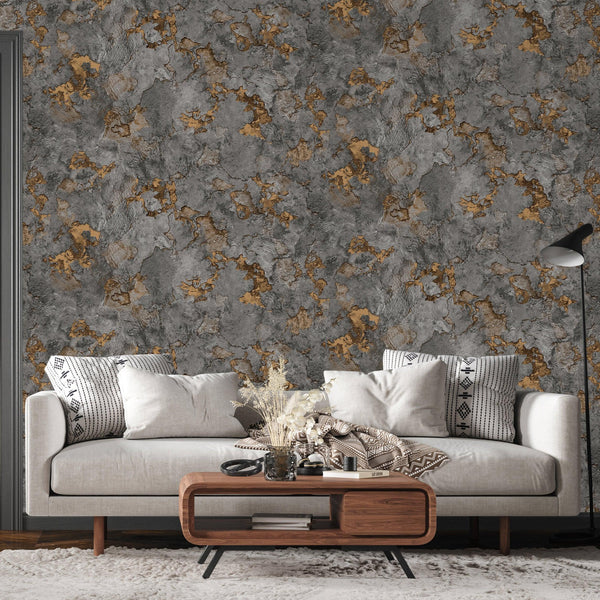 Charcoal Gray and Bronze Stone Effect Wallpaper, Natural Wallpaper, Modern & Minimalist Wall Covering,Modern Look Neutral Colors Glittering Wallcovering
