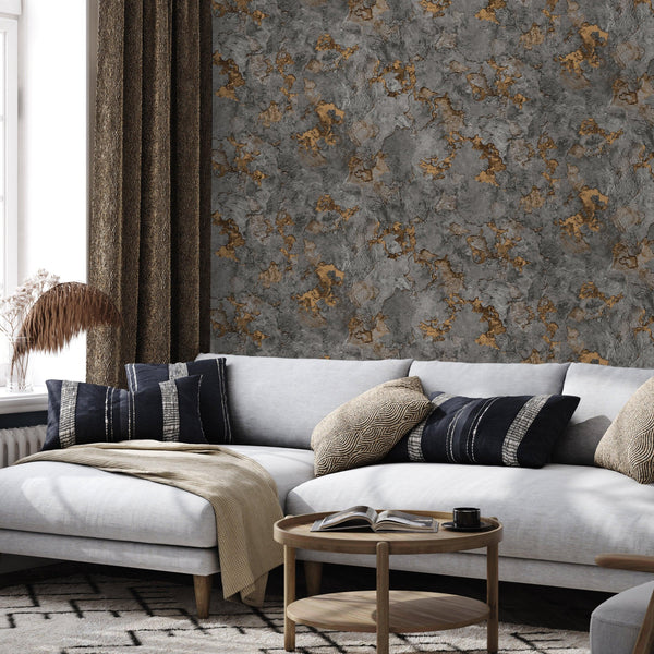 Charcoal Gray and Bronze Stone Effect Wallpaper, Natural Wallpaper, Modern & Minimalist Wall Covering,Modern Look Neutral Colors Glittering Wallcovering