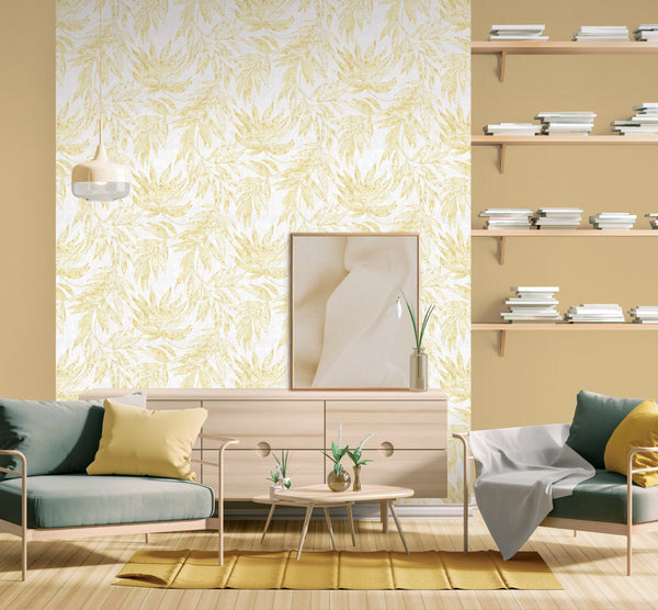 Yellow Embossed Wallpaper with Floral Patterns Wallpaper, Textured Wallpaper,Natural Wallpaper, Modern & Minimalist Wall Covering,Modern Look Neutral Colors Glittering Wallcovering