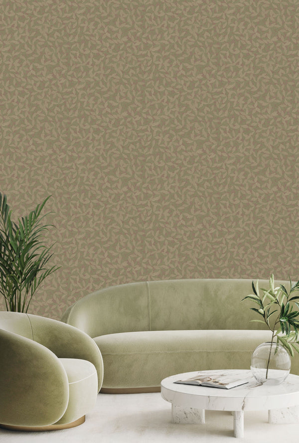 Green Leaf Pattern Wallpaper, Natural Wallpaper, Modern & Minimalist Wall Covering, Modern Look Neutral Colors Glittering Wallcovering