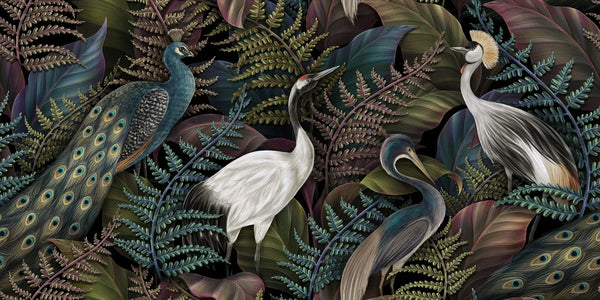Royal Birds Wallpaper, Tropical Seamless Background Mural, Oversized Custom Size Wall Art, Non-Woven, Non-Adhesive, Modern Wall Paper, Removable