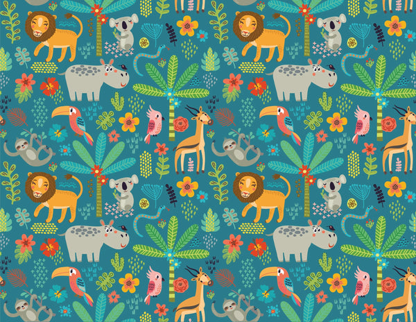 Tropical Animals Wallpaper, Green Background Mural, Oversized Custom Size Wall Art, Non-Woven, Non-Adhesive, Modern Wall Paper, Removable