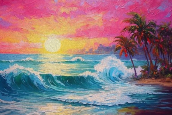 Pink Sky, Sunrise and Sea View Wallpaper, Oil Painting Mural, Oversized Custom Size Wall Art, Non-Woven, Non-Adhesive, Modern Wall Paper, Removable