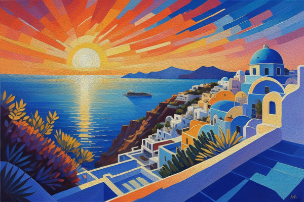 Santorini Sunset Wallpaper, Oil Painting Mural, Oversized Custom Size Wall Art, Non-Woven, Non-Adhesive, Modern Wall Paper, Removable