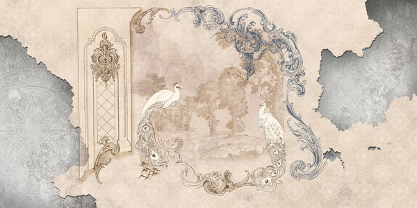 Baroque With Birds Wallpaper, Classic Style Mural, Oversized Custom Size Wall Art, Non-Woven, Non-Adhesive, Modern Wall Paper, Removable
