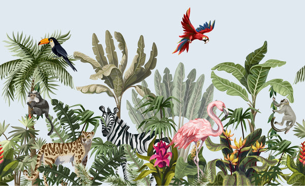 Jungle Animals Wallpaper, Flowers Mural, Oversized Custom Size Wall Art, Non-Woven, Non-Adhesive, Modern Wall Paper, Removable