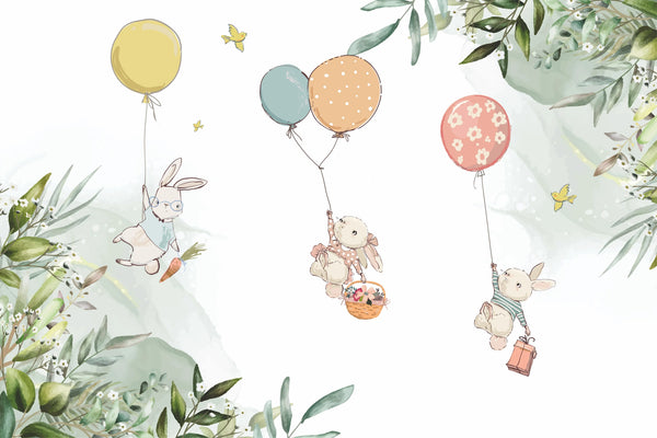 Bunnies Wallpaper, Fly Balloons Mural, Oversized Custom Size Wall Art, Non-Woven, Non-Adhesive, Modern Wall Paper, Removable