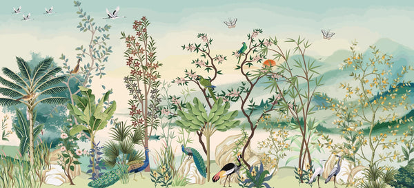 Chinoiserie Wallpaper, Floral Trees and Birds Mural, Oversized Custom Size Wall Art, Non-Woven, Non-Adhesive, Modern Wall Paper, Removable