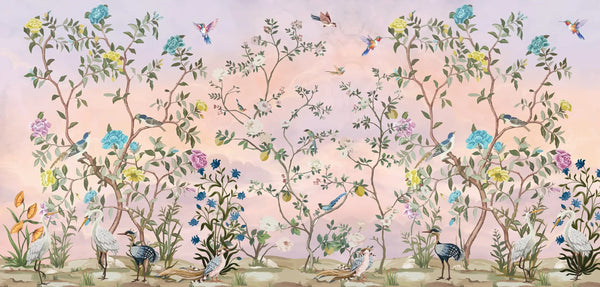 Chinoiserie Wallpaper, Floral Trees Mural, Oversized Custom Size Wall Art, Non-Woven, Non-Adhesive, Modern Wall Paper, Removable
