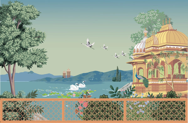 Mughal Garden Wallpaper, Arch Dome Mural, Oversized Custom Size Wall Art, Non-Woven, Non-Adhesive, Modern Wall Paper, Removable