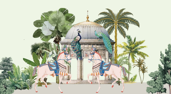 Traditional Mughal Garden Wallpaper, Peacock, Horses Mural, Oversized Custom Size Wall Art, Non-Woven, Non-Adhesive, Modern Wall Paper, Removable