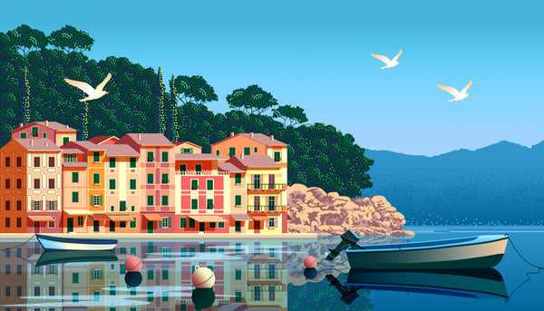 Summer day in Village Wallpaper, Boats, Sea Mural, Oversized Custom Size Wall Art, Non-Woven, Non-Adhesive, Modern Wall Paper, Removable