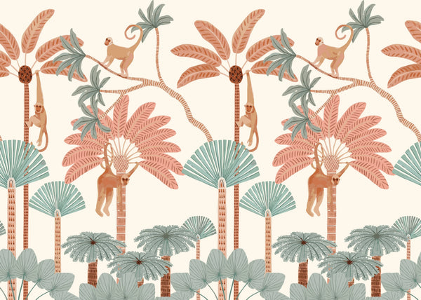 Monkey and Trees Wallpaper, Jungle Mural, Oversized Custom Size Wall Art, Non-Woven, Non-Adhesive, Modern Wall Paper, Removable
