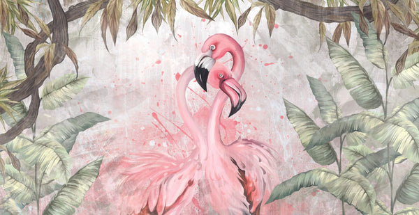 Flamingos Wallpaper, Fern Leaves Mural, Oversized Custom Size Wall Art, Non-Woven, Non-Adhesive, Modern Wall Paper, Removable