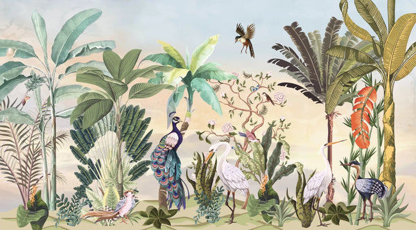 Chinoiserie Style Wallpaper, Birds, Plants Mural, Oversized Custom Size Wall Art, Non-Woven, Non-Adhesive, Modern Wall Paper, Removable