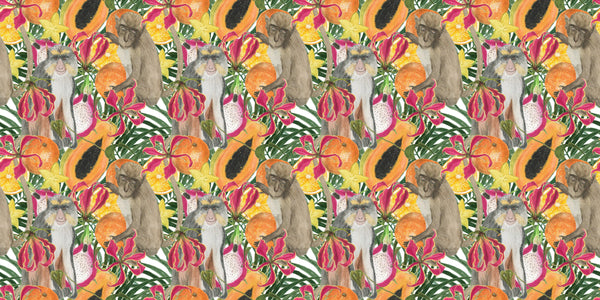 Cute Monkey, Exotic Fruits Wallpaper, Seamless Pattern Mural, Oversized Custom Size Wall Art, Non-Woven, Non-Adhesive, Modern Wall Paper, Removable