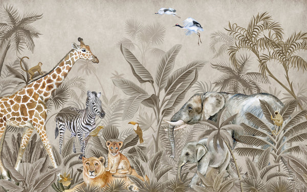 Safari Animals Wallpaper, Watercolor Mural, Oversized Custom Size Wall Art, Non-Woven, Non-Adhesive, Modern Wall Paper, Removable