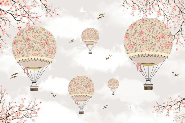 Kids Balloons Wallpaper, Tree Branches Mural, Oversized Custom Size Wall Art, Non-Woven, Non-Adhesive, Modern Wall Paper, Removable