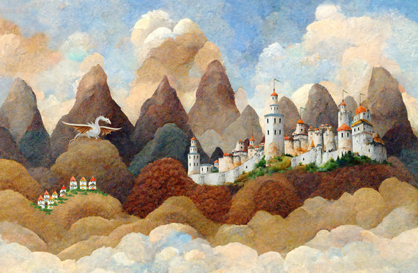 Castle and Dragon Wallpaper, Painted Style Mural, Oversized Custom Size Wall Art, Non-Woven, Non-Adhesive, Modern Wall Paper, Removable