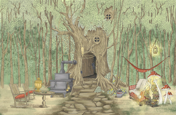 Tree House Wallpaper, Cozy Painted Style Mural, Oversized Custom Size Wall Art, Non-Woven, Non-Adhesive, Modern Wall Paper, Removable
