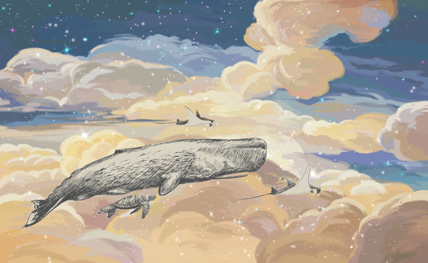 Whale in the Sky Wallpaper, Starry Night Mural, Oversized Custom Size Wall Art, Non-Woven, Non-Adhesive, Modern Wall Paper, Removable