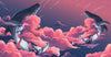 Whales in the Sky Wallpaper, Pink Clouds Mural, Oversized Custom Size Wall Art, Non-Woven, Non-Adhesive, Modern Wall Paper, Removable