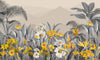 Grey Plants Wallpaper, Yellow Flowers Mural, Oversized Custom Size Wall Art, Non-Woven, Non-Adhesive, Modern Wall Paper, Removable