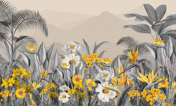 Grey Plants Wallpaper, Yellow Flowers Mural, Oversized Custom Size Wall Art, Non-Woven, Non-Adhesive, Modern Wall Paper, Removable
