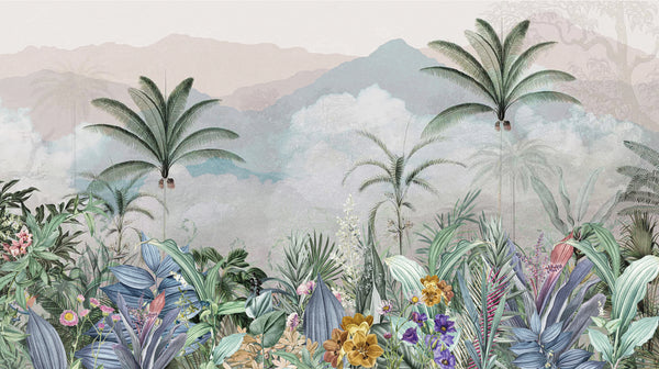 Misty Forest Wallpaper, Tropical Mural, Oversized Custom Size Wall Art, Non-Woven, Non-Adhesive, Modern Wall Paper, Removable