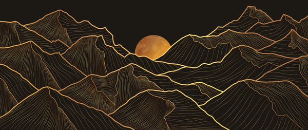Mountain Gold Line Art Wallpaper, Black Background Mural, Oversized Custom Size Wall Art, Non-Woven, Non-Adhesive, Modern Wall Paper, Removable
