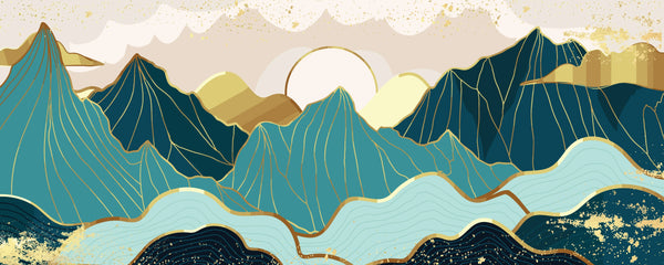 Gold Line Mountains Wallpaper, Landscape Mural, Oversized Custom Size Wall Art, Non-Woven, Non-Adhesive, Modern Wall Paper, Removable