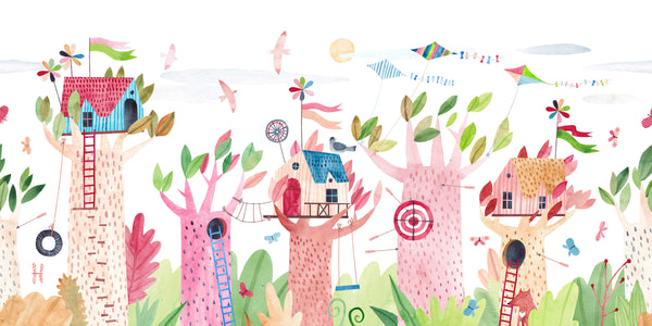 Cute Tree Houses Wallpaper, Playground Mural, Oversized Custom Size Wall Art, Non-Woven, Non-Adhesive, Modern Wall Paper, Removable