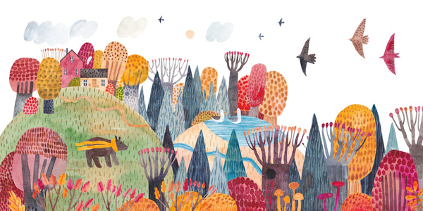 Bright Autumn Wallpaper, Village Mural, Oversized Custom Size Wall Art, Non-Woven, Non-Adhesive, Modern Wall Paper, Removable