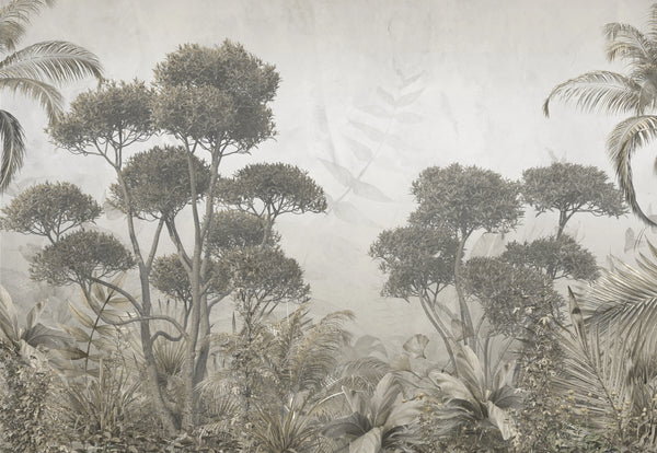 Tropical Trees Wallpaper, Foggy Forest Mural, Oversized Custom Size Wall Art, Non-Woven, Non-Adhesive, Modern Wall Paper, Removable