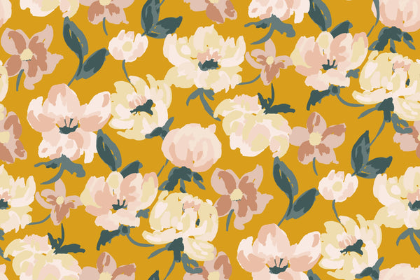 Abstract Floral, Yellow Background Wallpaper, Seamless Pattern Mural, Oversized Custom Size Wall Art, Non-Woven, Non-Adhesive, Modern Wall Paper, Removable