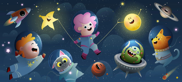 Kids Space Travel Wallpaper, Alien and Pets Mural, Oversized Custom Size Wall Art, Non-Woven, Non-Adhesive, Modern Wall Paper, Removable