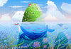 Island in the Ocean Wallpaper, Green Hill Mural, Oversized Custom Size Wall Art, Non-Woven, Non-Adhesive, Modern Wall Paper, Removable