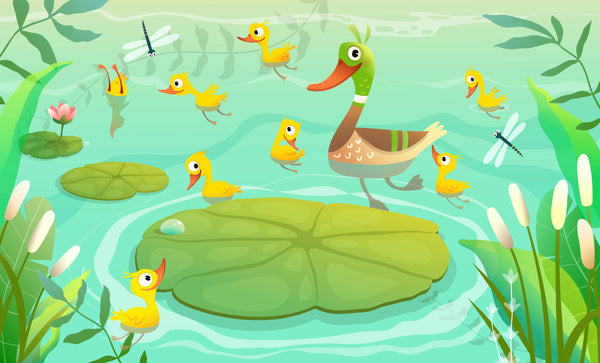 Duck Family Wallpaper, Lake Mural, Oversized Custom Size Wall Art, Non-Woven, Non-Adhesive, Modern Wall Paper, Removable