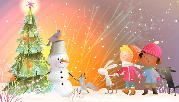 Christmas Tree, Snowman Wallpaper, Children, Animals Mural, Oversized Custom Size Wall Art, Non-Woven, Non-Adhesive, Modern Wall Paper, Removable