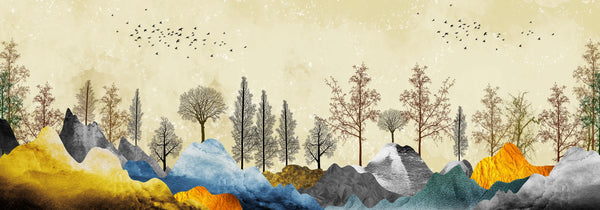 Golden Trees Wallpaper, Abstract Landscape Mural, Oversized Custom Size Wall Art, Non-Woven, Non-Adhesive, Modern Wall Paper, Removable