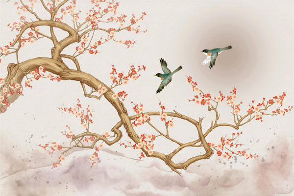 Chinoiserie Wallpaper, Tree and Birds Mural, Oversized Custom Size Wall Art, Non-Woven, Non-Adhesive, Modern Wall Paper, Removable