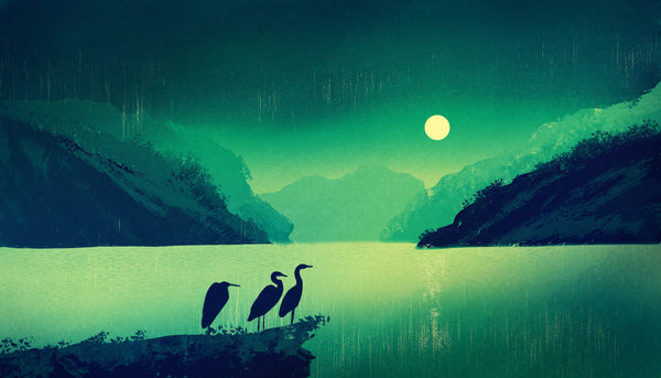 Shiny Moon Wallpaper, Birds Mural, Oversized Custom Size Wall Art, Non-Woven, Non-Adhesive, Modern Wall Paper, Removable