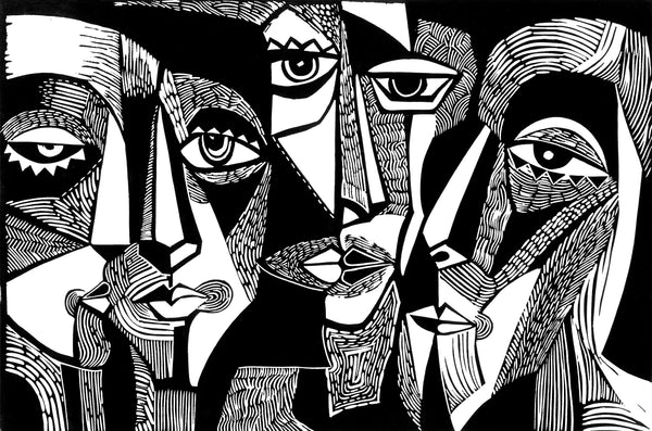 Modern Surreal, Black and White Wallpaper, Linocut Style Mural, Oversized Custom Size Wall Art, Non-Woven, Non-Adhesive, Modern Wall Paper, Removable