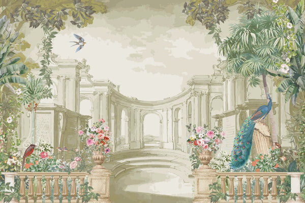 Roman Garden Wallpaper, Peacock Mural, Oversized Custom Size Wall Art, Non-Woven, Non-Adhesive, Modern Wall Paper, Removable