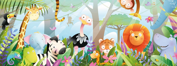 Kids Animals in Jungle Wallpaper, Wild Tropical Mural, Oversized Custom Size Wall Art, Non-Woven, Non-Adhesive, Modern Wall Paper, Removable