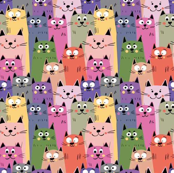Colorful Cute Kitten Wallpaper, Seamless Pattern Mural, Oversized Custom Size Wall Art, Non-Woven, Non-Adhesive, Modern Wall Paper, Removable