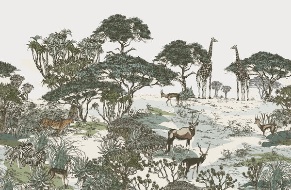 Safari Panaroma Wallpaper, Seamless Wildlife Mural, Oversized Custom Size Wall Art, Non-Woven, Non-Adhesive, Modern Wall Paper, Removable